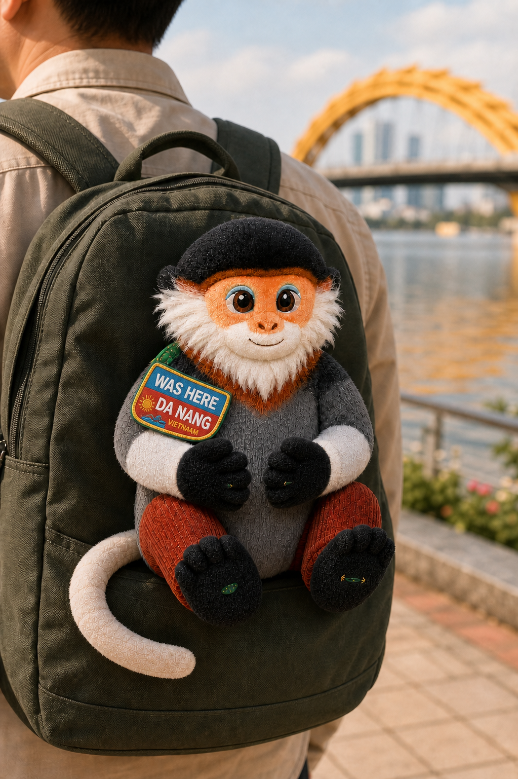 Da Nang red-shanked douc plush attached to a traveler's backpack with a Was Here Da Nang tag